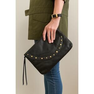 Vintage Goldenbleu Studded Leather Clutch  Black Classic Moto Chic Holiday Gift